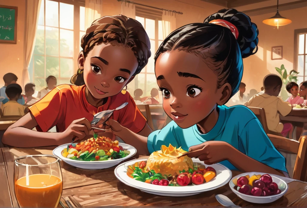 A boy and a girl of 11 years old, (African) eating on the dining table (masterpiece best quality:1.2) delicate illustration ultra-detailed,  (disney-related event) indoor, (classroom),  detailed background, illustrations, bright, colourful, 