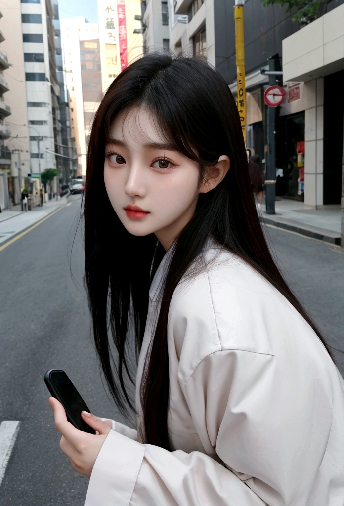 a close up of a person standing on a street with a cell phone, gorgeous young korean woman, korean girl, ulzzang, beautiful south korean woman, beautiful young korean woman, beautiful asian girl, young cute wan asian face, young and cute girl, asian girl with long hair, young asian girl, young adorable korean face, jinyoung shin, chinese girl