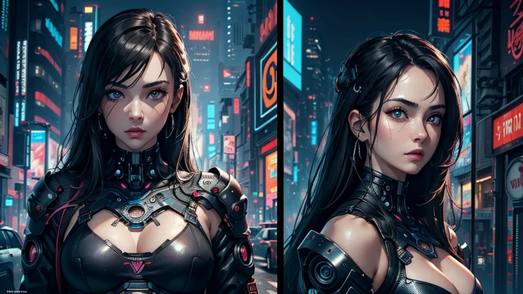 (masterpiece), (best quality), (very detailed), (1 woman), (cyberpunk), future city background, detailed eyes, Detailed nose, Detailed lips, perfect face, perfect body, Side face and upper body expression, Place the left side in the picture, movie poster