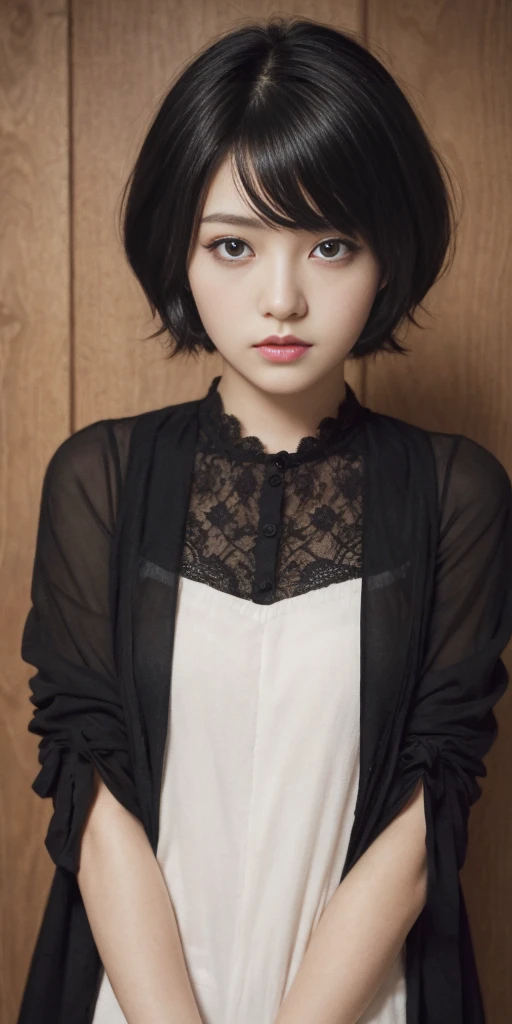 High resolution, masterpiece, Ruka Sarashina, short hair, black hair, (solo), 1girl, cute, interior, detailed eyes, (black eyes)