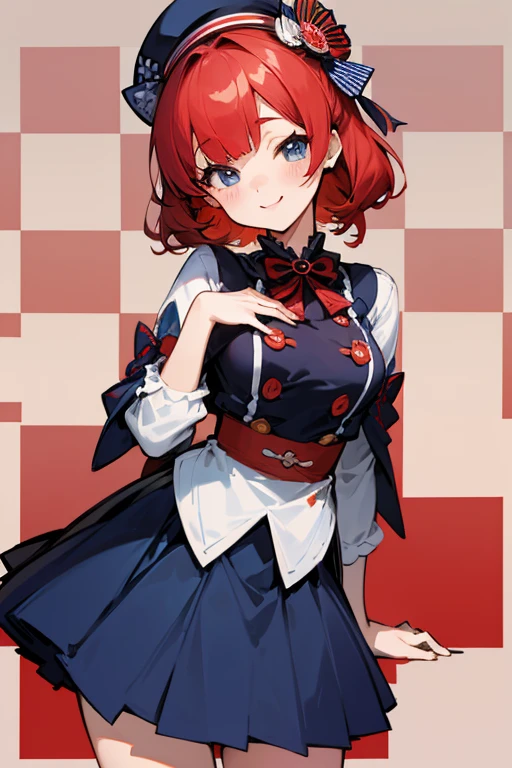 MS. cute、Taisho、Checkerboard Pattern、Beautiful Eyes、Embarrassing、Navy Blue and Red、A special smile、mini skirt、Center of chest、background、日本のTaisho浪漫、Redhead Long、