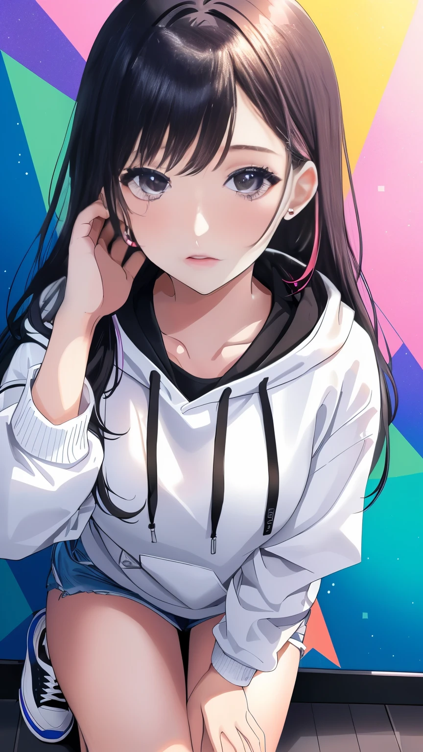 (((Highly detailed CG unit 8K wallpaper:1.2, masterpiece, High resolution:1.2, Highest quality:1.2, Tabletop))), ((Very beautiful woman, Place your hands behind your back.:1.8, Grunge Fashion, Wearing a colorful hoodie, White leggings, Putting on your shoes)), ((Highly detailed face, Highly detailed black eyes, Highly detailed body, Highest qualityのリアルテクスチャスキン)), (Black-haired, Hair length, White skin, small), ((colorful geometric pattern wall, Colorful wall)), (High Angle:1.2), Surreal, Digital Painting,