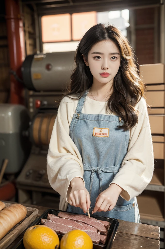 (((best quality))),(((ultra detailed))),(((masterpiece))),illustration,1 beautiful young girl,young,radiant complexion, stark industrial surroundings, neon lights,classic apron, vibrant colors, intricate patterns, practical design, pinned back hair, loose waves, bright eyes, curiosity, delight, out of place, rows of processed meat, sense of belonging, youthful innocence, captivating visual, metal robots, efficiently carrying out tasks, large screens, graphs, data, rich scent, roasting meat, sounds of machinery, laughter, organized chaos, unique scene, touch of humanity, cold atmosphere, deep in thought, reflecting, significance, role, unfamiliar, comfort, ease, challenge perceptions, beauty, belonging, moments of wonder, connection