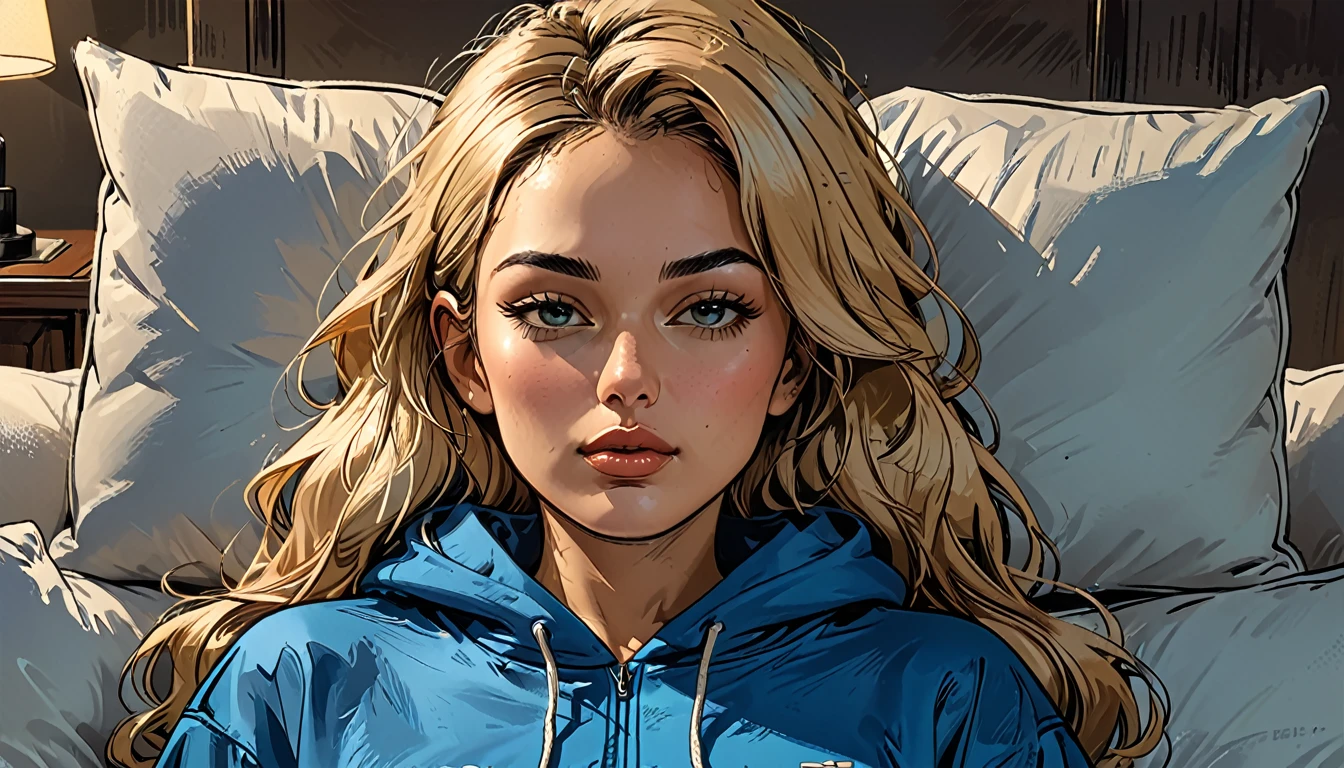 girl sleeping, girl lies with ((eyes closed)) in (Blue oversized hoodie) and black Elastic shorts at sofa at dark green office, adult, [Nordic], Hourglass elongated fitness body, perfect Olive skin, Oval Face, Long neck, Rounded shoulders, perfect hand, Attached Pointed ears, round forehead, Short blonde Waves pixie hair, snub nose, Arched eyebrows, High Round Narrow cheekbones, Dimpled Cheeks, Rounded Chin, Rounded Jawline, Full nude Lips, Nude Makeup Look, long eyelashes, graphic style of novel comics, 2d, 8k, hyperrealism, masterpiece, high resolution, best quality, ultra-detailed, super realistic, Hyperrealistic art, high-quality, ultra high res, highest detailed, lot of details, Extremely high-resolution details, incredibly lifelike, colourful, soft cinematic light,