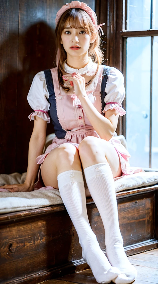 Mature Woman、Pink Hair、Light grey hair、((Two-tone hair))、White ta dress with delicate pink decoration、Slender women、Cute Woman、 8K Ultra HD,Detailed face、Delicate texture, Long Hair、(((Blunt bangs)))、(((Drill Hair)))、(ribbon, Maid, Knee-high socks:1.3), Aside Cutter Shirt, Frilled Skirt、((Ethnic Loli、A room in a Western-style building、((Delicate photo))，(Girl Astepeace RAW Photo Details:1.25), (Highest quality:1.6), (Ultra-high resolution:1.5), (Realistic:1.75), 8K resolution, Canon EOS R5, 50mm, Absurd, Very detailed,Cinema Lighting、((stuffed toy:1.25))、(Browsing Caution)、(Spread your legs)、（I can see your pants）
