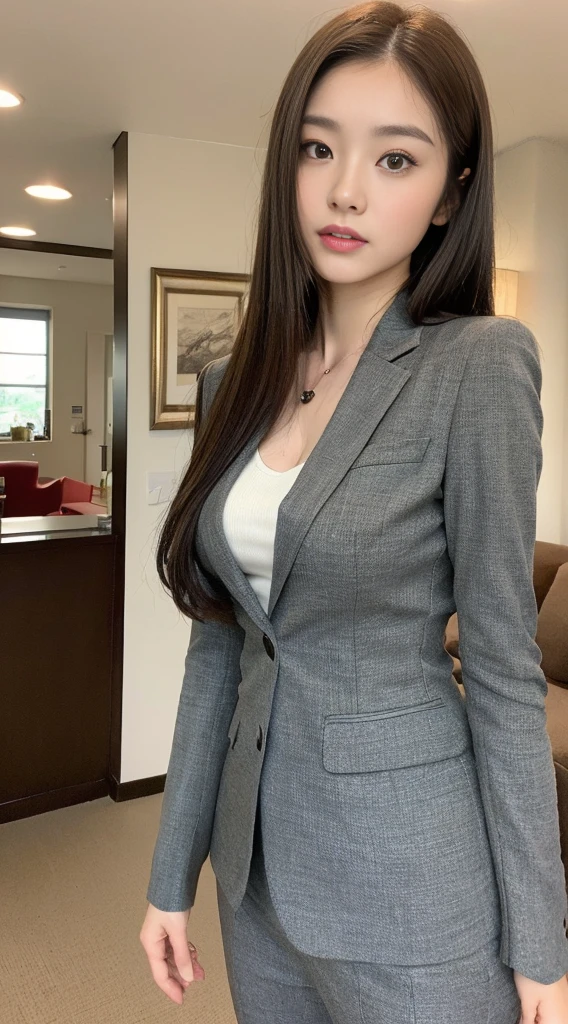 ((Highest quality、8k、masterpiece:1.3))、((Sales Lady:1.3))、Sharp Focus:1.2、(Beautiful Japanese Actresses:1.4)、round face、(Beautiful woman with perfect style:1.4)、((High-class drawing room:1.2))、((Description on sale:1.2))、23 year old、(Insurance Shop:1.2)、((Brown medium hair、Big boobs:1.2))、(neat suit:1.4)、(Stand in the reception room:1.2)、((Front facing :1.4))、Highly detailed face and skin texture、Gentle expression、Detailed Eye、double eyelid、((The background is quite blurred..4))、