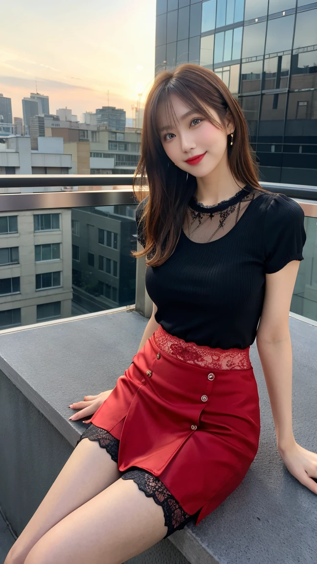 highest quality, masterpiece, 8K, ultra high resolution, (realistic: 1.4), 1 girl, beautiful face, symmetrical eyes, Japanese, smile, brown hair, perfect body proportions, full body, smile , large breasts, high heels, wearing makeup , pantyhose, (tight laced fabric blouse), ((red lace fabric blouse)), ((silk black color skirt)), ((tight fitting skirt )), (laced short sleeve) , rooftop, sitting on bench, crossed legs, (legs shown: 1.4)