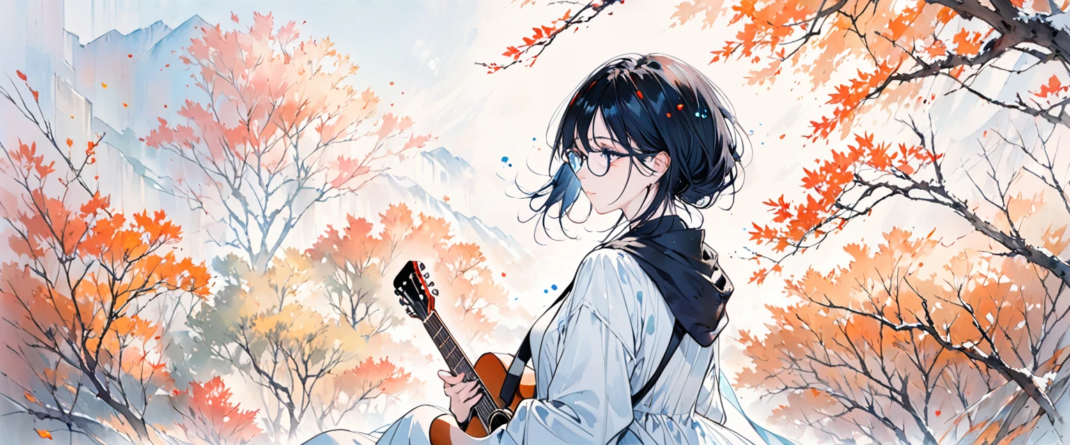 A painting by mse《Woman wearing glasses》,author:agnes cecile, Luminous design, Soft colors, Ink drops, Autumn Lights, Holding Guitar, Accorstic guitar, Back view