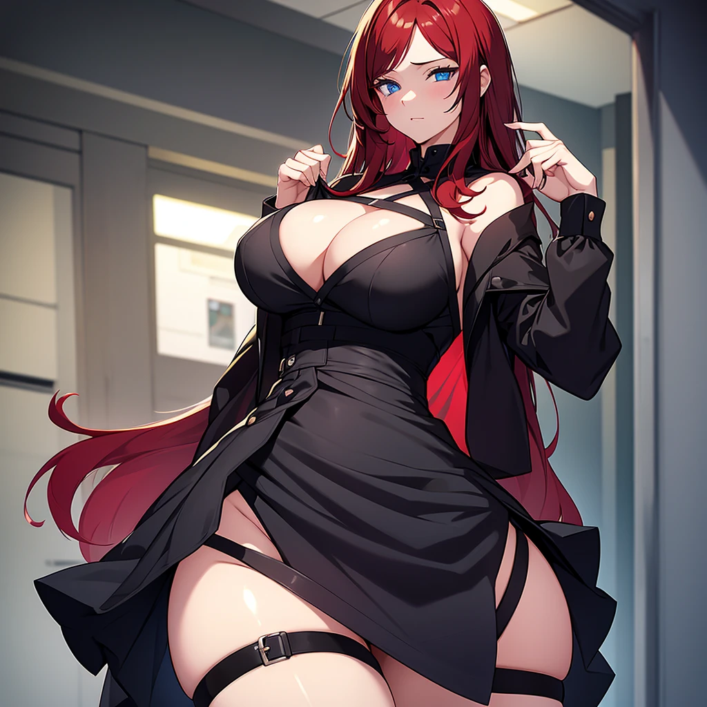 girl, sexy busty, with a black dress with a neckline, Red hair, big thighs, small waist, clear skin, blue eyes
