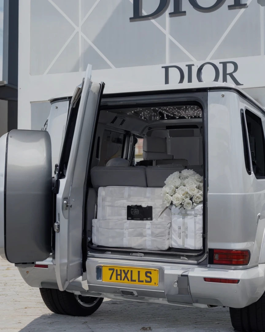 Realistic name plate saying 7mxlls, chrome silver car , while white roses , real cart types , realistic suede seats , Tela seats , sharpen , ultra quality , 8k