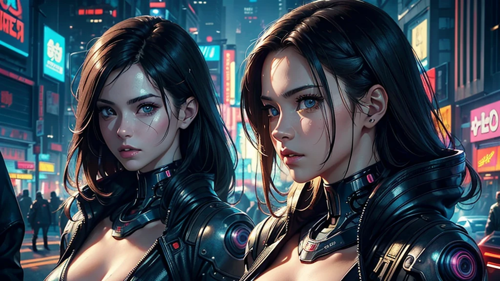 (masterpiece), (best quality), (very detailed), (1 woman), (cyberpunk), future city background, detailed eyes, Detailed nose, Detailed lips, perfect face, perfect body, Side face and upper body expression, Place people on the left side of the picture, movie poster