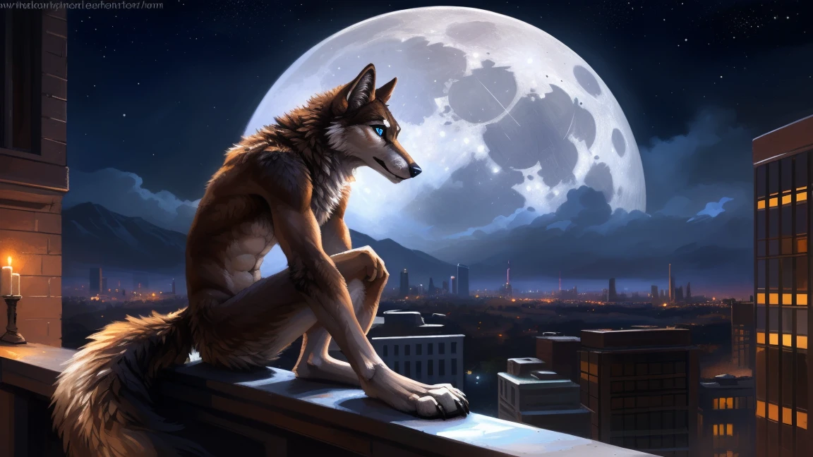 ((Solo)), male people, anthro wolf, (Multi-colored fur, White-brown:1.3), ((Wolf face, Big eyes, White eyelids, Blue pupil, Slim:1.2) (Tough, Calm expression:1.2)), (Height 2.1 meters,Tail length 1.5m), Abs, Slim, pinging, (Correct anatomy), (Contour bone:1.2), The upper body is naked, (detailed outfits), a long large tail,Feet,(Realistic fur, Detailed fur texture, labeled:1.3)), (Natural lighting), Photorealistic, Hyperrealistic, ultradetailed, by Kenket,In the modern city,Roof,the night,Sit alone,Look at the full moon,It was dark,Starry
