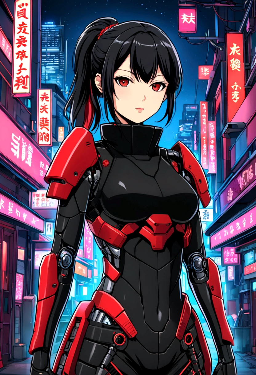 “A detailed illustration of Ayame, a cyborg ninja girl. She has black hair tied in a ponytail and is wearing a sleek, modern ninja outfit predominantly black with red accents. Her outfit includes a high collar, reinforced gloves, lightweight armor plating, and visible cybernetic enhancements. Her face is fully human and calm, reflecting her determination and strength. Ayame’s cybernetic parts are seamlessly integrated with her body, showing metallic and mechanized elements. The background is a futuristic cityscape at night with neon lights, highlighting her high-tech nature. The art style is manga-inspired, with bold lines and detailed shading.”