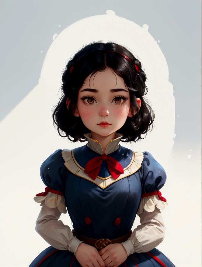 Create a close-up portrait in 4K resolution of Snow White from Disney's Snow White and the Seven Dwarfs with a blank background. The portrait should capture her iconic features: her short, black hair with a red bow, her fair complexion, and her gentle, kind expression. Snow White should be wearing her classic yellow and blue dress, adorned with puffed sleeves and a high collar. The background should be completely blank (white or a solid color) to keep the focus on Snow White. The lighting should be soft and natural, emphasizing her innocence and beauty without any distractions.