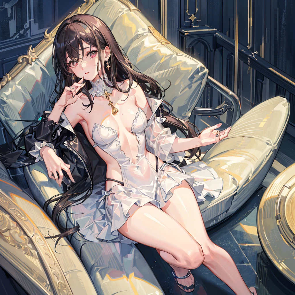 ((((absurdres, RAW photo, extremely delicate and beautiful, masterpiece, Best Quality, ultra high resolution, 32k, hyperrealistic, ultra-detailed)))), in her 20s, very Slim body, narrow waist, very small head, very small face, delicate facial features, beautiful face, beautiful eyes, very huge round tits, medium hair, black hair, wavy hair, tearful mole, earring, full body shot, off-the-shoulder cut top, sofa,