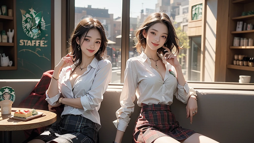 8K、RAW Photos、Highest quality、Super detailed、Super Resolution、Ultra HD、8K壁紙、Amazing details blazer uniform girl ((White blouse with formal collar, A nice red blazer, Black plaid skirt, Red checkered ribbon on blouse)), Complete limbs, Full Finger,
((((Inside the Starbucks store))))、16 year old female student、(((Eat cake、Drink coffee、smile)))、Heart Necklace、Gold bracelet
((Emphasize cleavage))
((((Woman sitting at the window seat))))