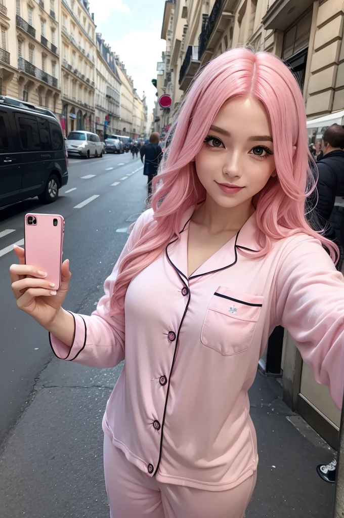 One with pink hair taking a selfie in Paris in pajamas