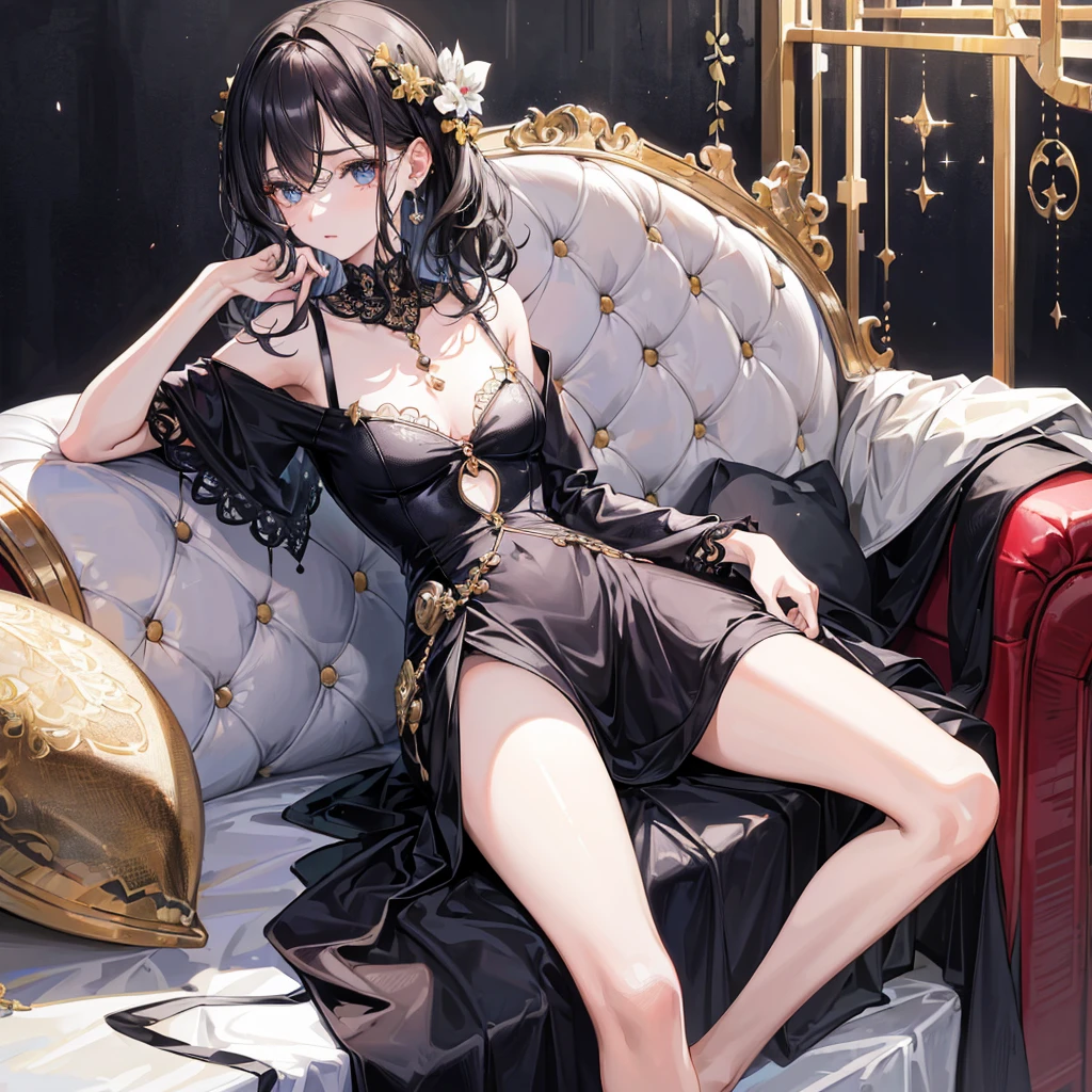 ((((absurdres, RAW photo, extremely delicate and beautiful, masterpiece, Best Quality, ultra high resolution, 32k, hyperrealistic, ultra-detailed)))), in her 20s, very Slim body, narrow waist, very small head, very small face, delicate facial features, beautiful face, beautiful eyes, very huge round tits, medium hair, black hair, wavy hair, tearful mole, earring, full body shot, off-the-shoulder cut top, sofa,