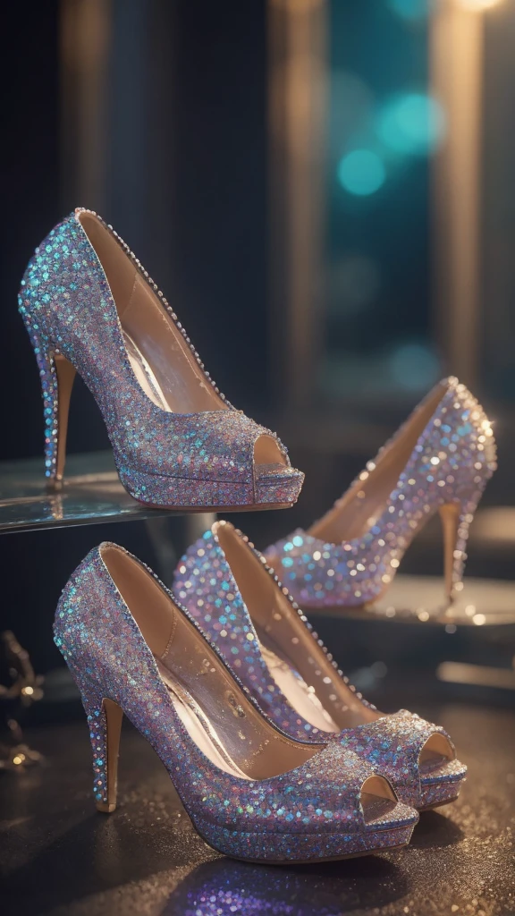 glass shoes, fanciful, galaxias, cleanness, glittery, glittery, Splendor, Colorful, Amazing photography, dramatic lighting, photo-realism, ultra - detailed, 4K, depth of fields, A high resolution