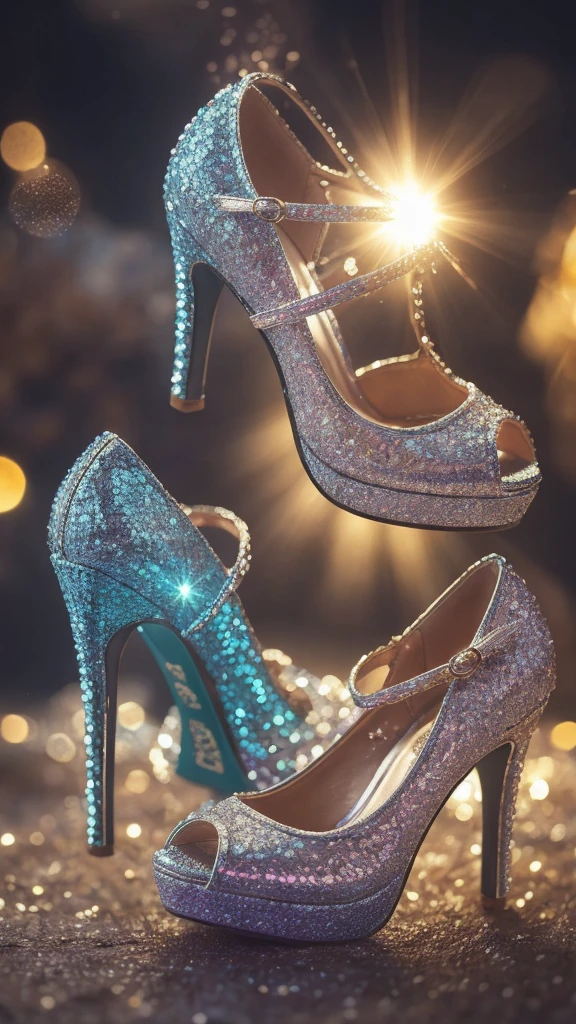 glass shoes, fanciful, galaxias, cleanness, glittery, glittery, Splendor, Colorful, Amazing photography, dramatic lighting, photo-realism, ultra - detailed, 4K, depth of fields, A high resolution