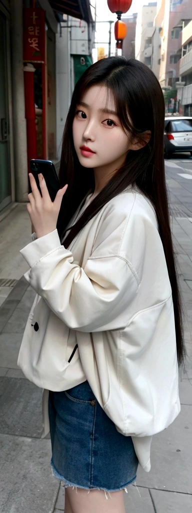 a close up of a person standing on a street with a cell phone, gorgeous young korean woman, korean girl, ulzzang, beautiful south korean woman, beautiful young korean woman, beautiful asian girl, young cute wan asian face, young and cute girl, asian girl with long hair, young asian girl, young adorable korean face, jinyoung shin, chinese girl