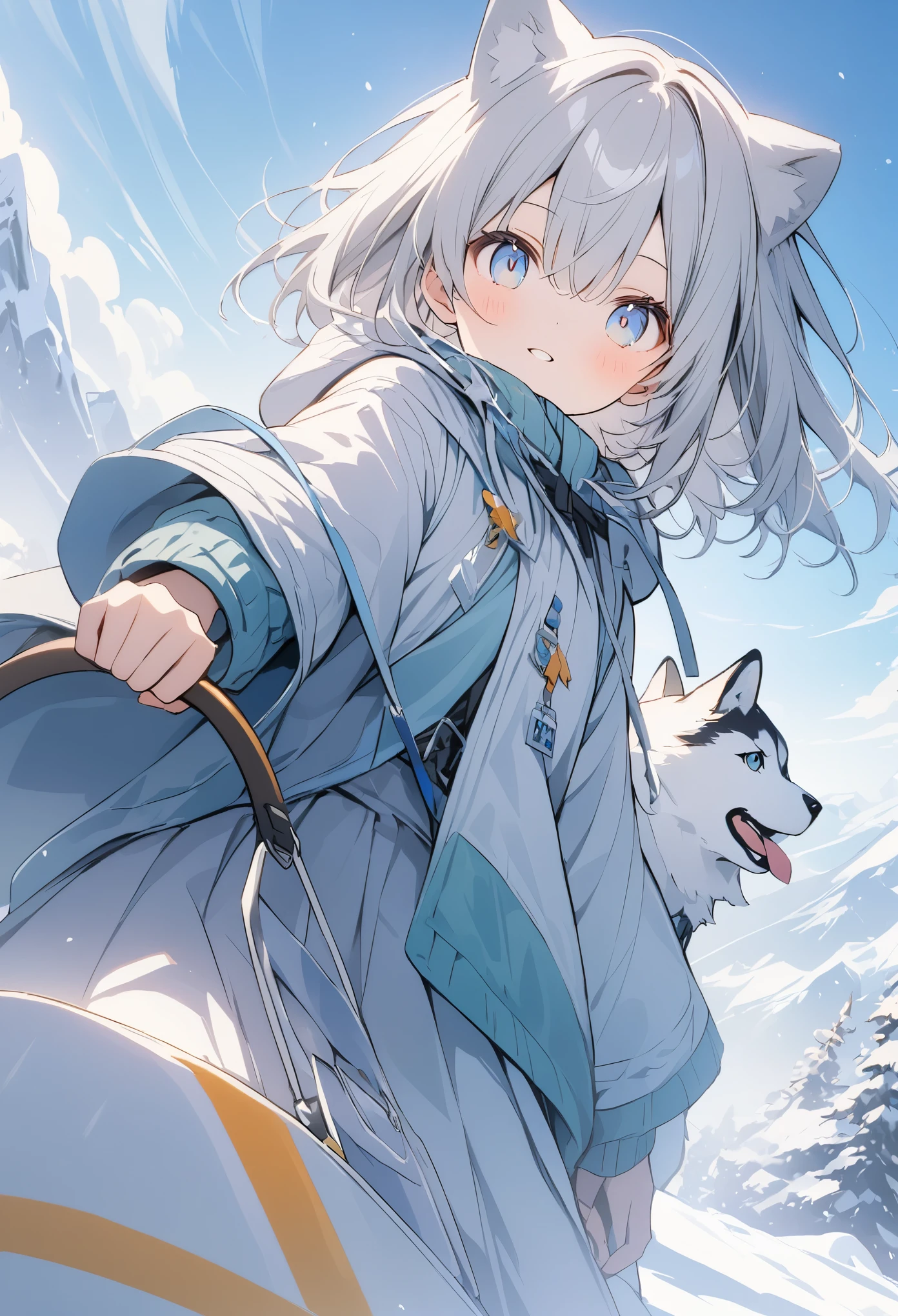 超High resolution, Attention to detail, high quality, High resolution, 最high quality, 4K, 8K, Awards、absurdes、Snow Mountain、Husky dog、Girl Dog Sledding、There is a snowstorm and visibility is poor.、Girl pulling a sled hard、Front view angle、A work with a positive vibe,(Snowwear),Pale colors