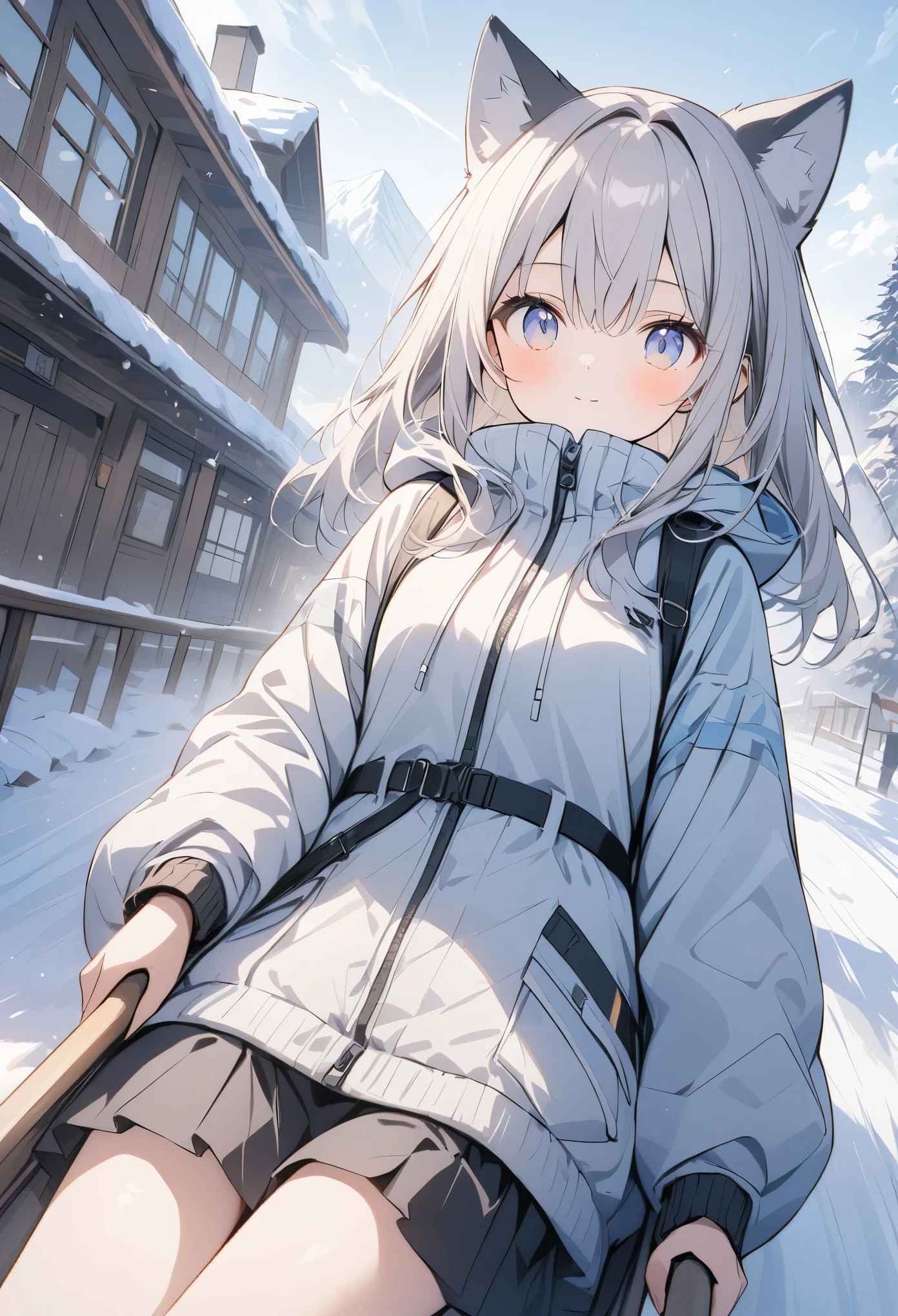 超High resolution, Attention to detail, high quality, High resolution, 最high quality, 4K, 8K, Awards、absurdes、Snow Mountain、Husky dog、Girl Dog Sledding、There is a snowstorm and visibility is poor.、Girl pulling a sled hard、Front view angle、A work with a positive vibe,(Snowwear),Pale colors