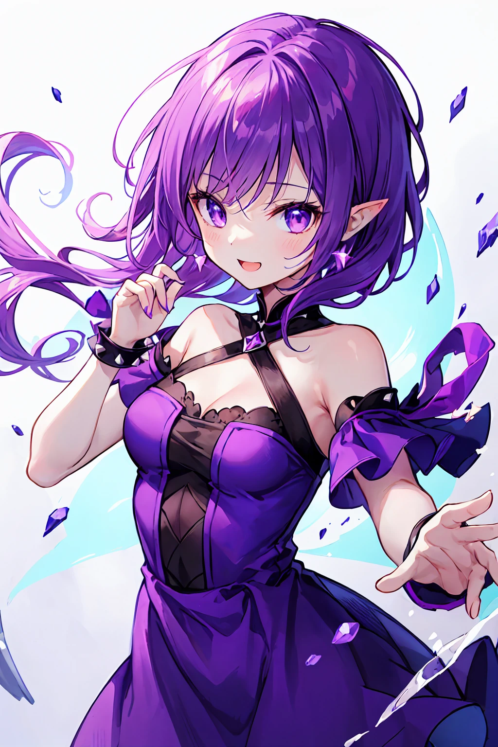 gothicpunkai, 1girl, elf, pointy ears, purple hair, purple glowing eyes, crazy smile, constricted pupils, in darkness, hiding in the shadows,