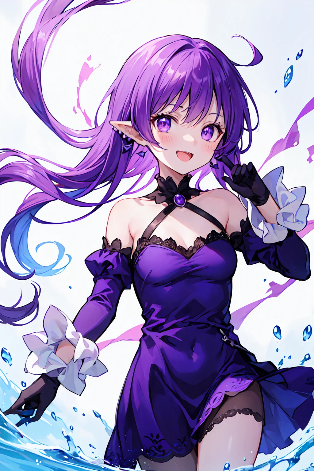 Ghost, (monster Girl), Purple skin, spike, Spiky purple hair, Caught Laughter, Floating Hand, Wearing a deep purple dress, Floating in the air, masterpiece, Highest quality