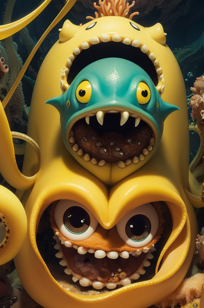 Sea Monster squid with tentacles big round eyes yellow fur and fluffy with a bad guy face.