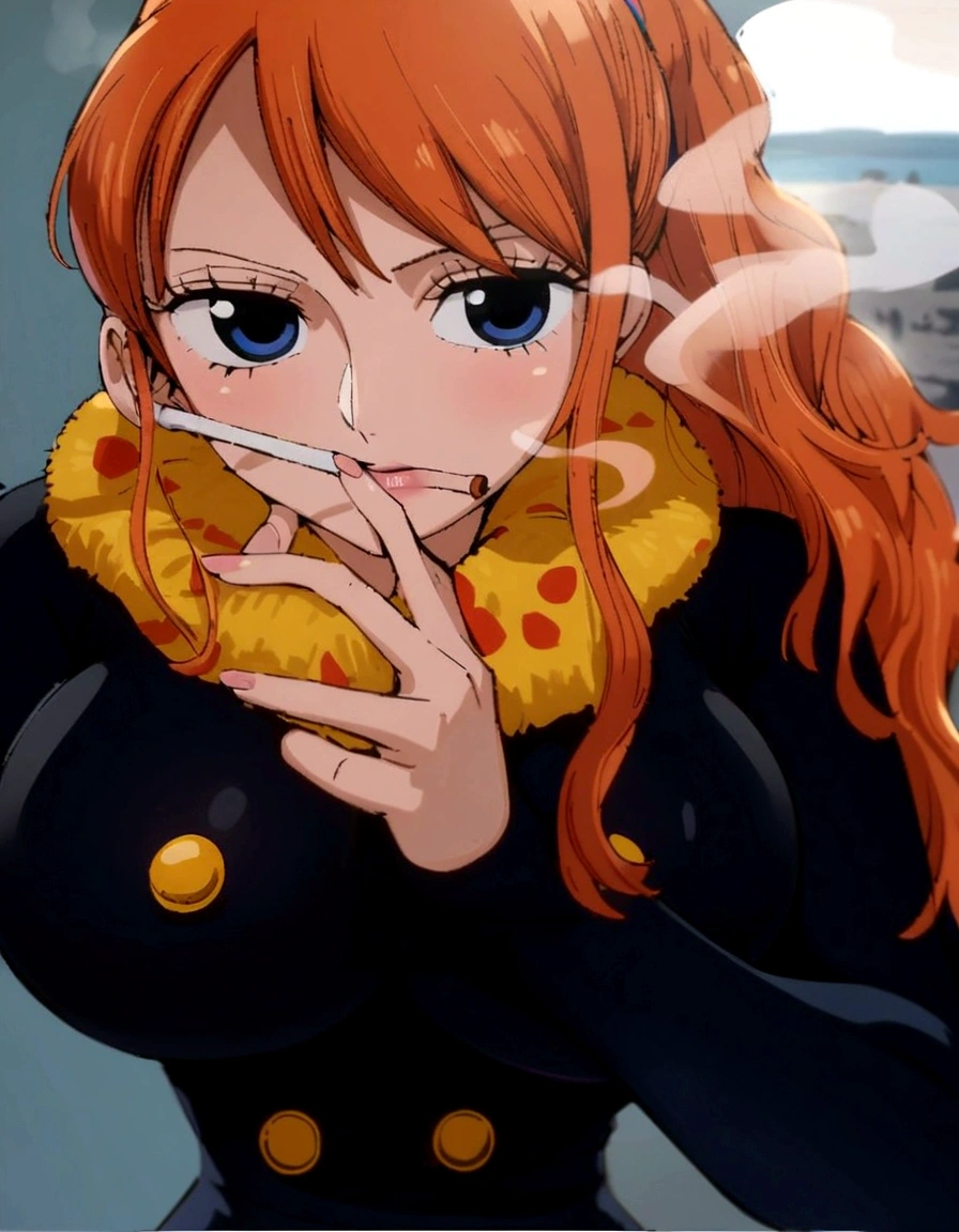 a cartoon picture of a woman in a bikini top and jeans, nami one piece, nami from one piece, nami, beautiful portrait of nami, from one piece, oppai, blue eyes, smoking, ponytail