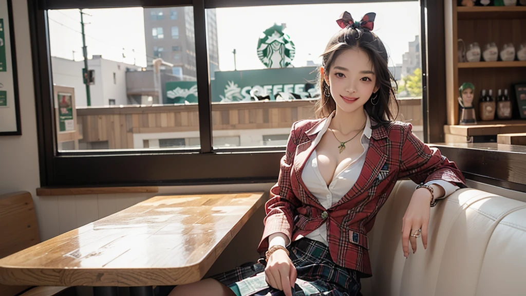 8K、RAW Photos、Highest quality、Super detailed、Super Resolution、Ultra HD、8K壁紙、Amazing details blazer uniform girl ((White blouse with formal collar, A nice red blazer, Black plaid skirt, Red checkered ribbon on blouse)), Complete limbs, Full Finger,
((((Inside the Starbucks store))))、 female student、(((e、Drink coffee、smile)))、Heart Necklace、Gold bracelet
((Emphasize cleavage))
((((Woman sitting at the window seat))))