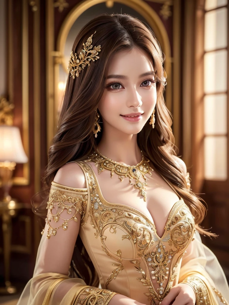 a beautiful woman, perfect figure, narrow waist, long chestnut hair, beautiful detailed eyes, long eyelashes, lustrous detailed lips, beautiful skin, beautiful smile, fashion model, attractive ornate clothing, cinematic scene, (best quality,4K,8K,highres,masterpiece:1.2),ultra-detailed,(realistic,photorealistic,photo-realistic:1.37), ((dancing))、Nice dress