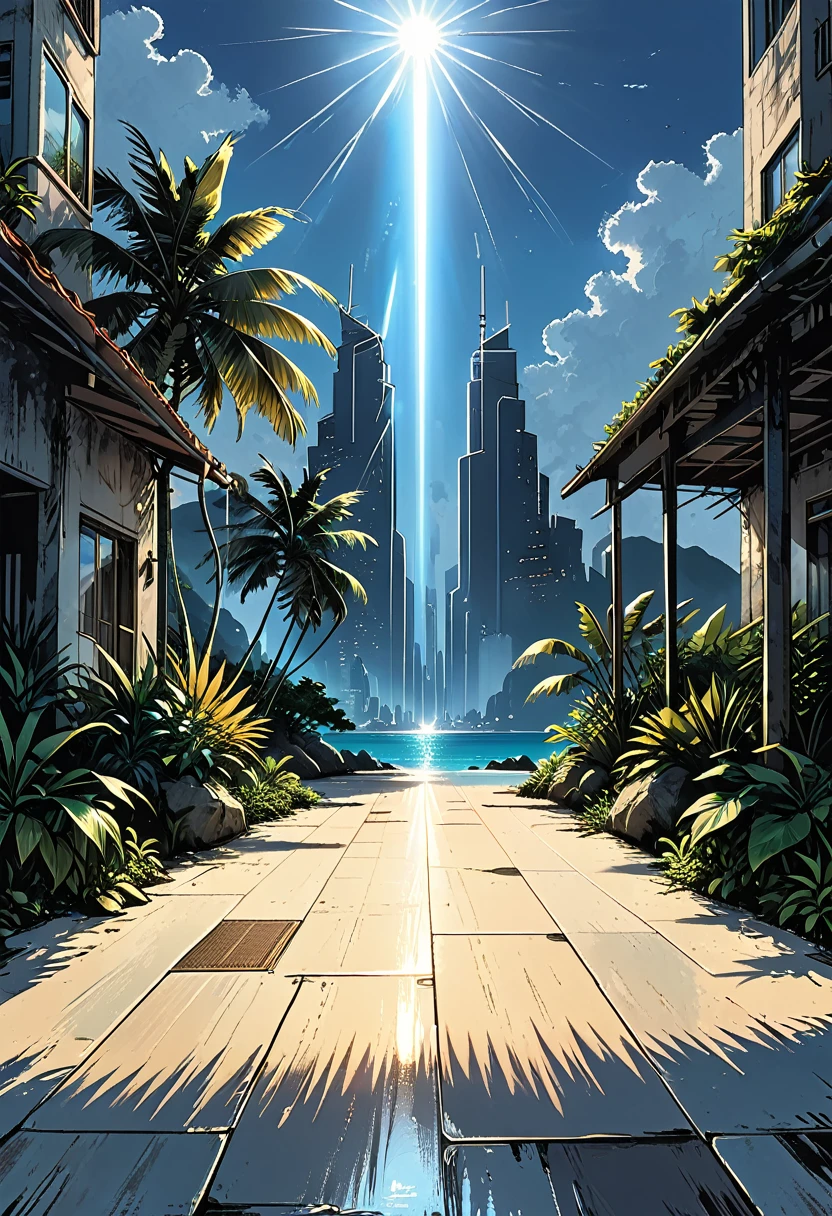 skyscraper, flash of bright light on the floor, rays of light, tropical island, side view, graphic style of novel comics, perfect hands, 2d,
8k, hyperrealism, masterpiece, high resolution, best quality, ultra-detailed, super realistic, Hyperrealistic art, high-quality, ultra high res, highest detailed, lot of details, Extremely high-resolution details, incredibly lifelike, colourful, soft cinematic light,