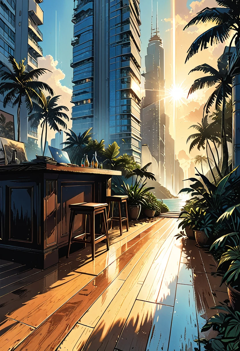 skyscraper, flash of bright light on the floor, rays of light, tropical island, side view, graphic style of novel comics, perfect hands, 2d,
8k, hyperrealism, masterpiece, high resolution, best quality, ultra-detailed, super realistic, Hyperrealistic art, high-quality, ultra high res, highest detailed, lot of details, Extremely high-resolution details, incredibly lifelike, colourful, soft cinematic light,
