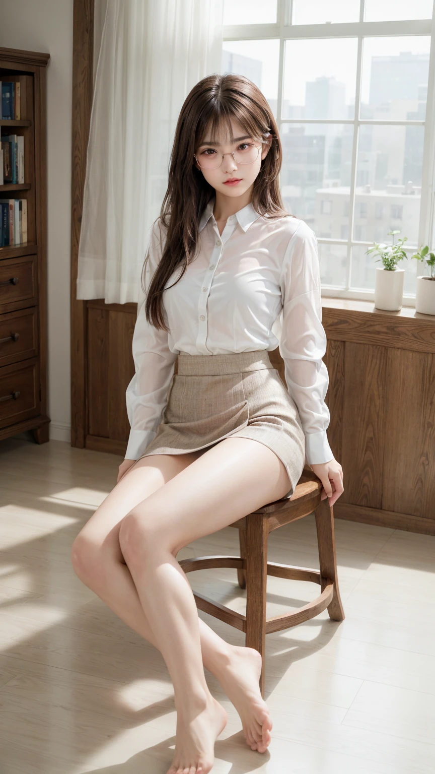 8K, Highest quality, masterpiece, Ultra-high resolution, (Realistic:1.4), whole body、RAW Photos, ((Long brown straight hair, See-through bangs))), Beautiful Details 1 Girl, (Realistic:1.4), High-resolution RAW color photos, Professional photos, Highly detailed eyes and face, Natural light, Facial details, White skin, Shiny skin, Tight waist, Small Ass, Thin legs,Natural Breasts, Nice body, 、Bookshelf、((White DepthUNeck shirt、mini skirt、Wearing glasses))、Young round face、Spread your legs wide、Beautiful toes、