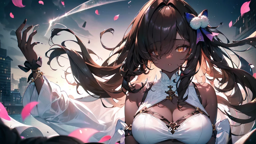 ((((Obra maestra, La mejor calidad, ultrahigh resolution)))), 1girl, standing,), ((long pure brown hair, hair over eye)), long hair cut, shiny skin, ((golden eyes)), glowing_eyes, neon eyes, (ultra detailed eyes:0.7, beautiful and detailed face, detailed eyes:0.9), ((centered)), smirk, facing viewer, ((vibrant background, dark lighting, summer, sunlight)), large chested, looking at viewer, ((half closed eyes)), ((perfect hands)), (((head:1, arms, hips in view, elbows, in view))), ((hands behind back)), empty eyes, beautiful lighting, ((outside, outdoors)), defined subject, head tilt, (((gritty)), ((creepy)), ((cool)), ((beautiful)), (((SFW))), hair ornament, petals in the air, moon in the sky, city, mature woman, adult woman, sfw, pink and white dress, night dress, she is a princess, dark skin, gal, black skin