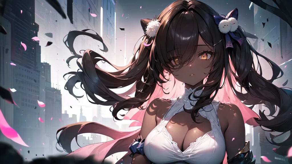 ((((Obra maestra, La mejor calidad, ultrahigh resolution)))), 1girl, standing,), ((long pure brown hair, hair over eye)), long hair cut, shiny skin, ((golden eyes)), glowing_eyes, neon eyes, (ultra detailed eyes:0.7, beautiful and detailed face, detailed eyes:0.9), ((centered)), smirk, facing viewer, ((vibrant background, dark lighting, summer, sunlight)), large chested, looking at viewer, ((half closed eyes)), ((perfect hands)), (((head:1, arms, hips in view, elbows, in view))), ((hands behind back)), empty eyes, beautiful lighting, ((outside, outdoors)), defined subject, head tilt, (((gritty)), ((creepy)), ((cool)), ((beautiful)), (((SFW))), hair ornament, petals in the air, moon in the sky, city, mature woman, adult woman, sfw, pink and white dress, night dress, she is a princess, dark skin, gal, black skin