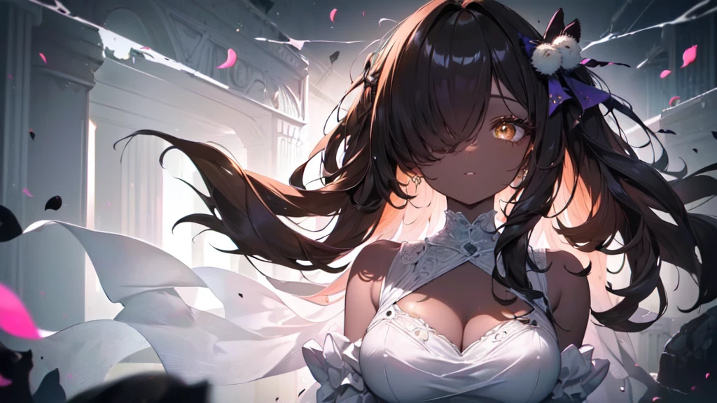 ((((Obra maestra, La mejor calidad, ultrahigh resolution)))), 1girl, standing,), ((long pure brown hair, hair over eye)), long hair cut, shiny skin, ((golden eyes)), glowing_eyes, neon eyes, (ultra detailed eyes:0.7, beautiful and detailed face, detailed eyes:0.9), ((centered)), smirk, facing viewer, ((vibrant background, dark lighting, summer, sunlight)), large chested, looking at viewer, ((half closed eyes)), ((perfect hands)), (((head:1, arms, hips in view, elbows, in view))), ((hands behind back)), empty eyes, beautiful lighting, ((outside, outdoors)), defined subject, head tilt, (((gritty)), ((creepy)), ((cool)), ((beautiful)), (((SFW))), hair ornament, petals in the air, moon in the sky, city, mature woman, adult woman, sfw, pink and white dress, night dress, she is a princess, dark skin, gal, black skin