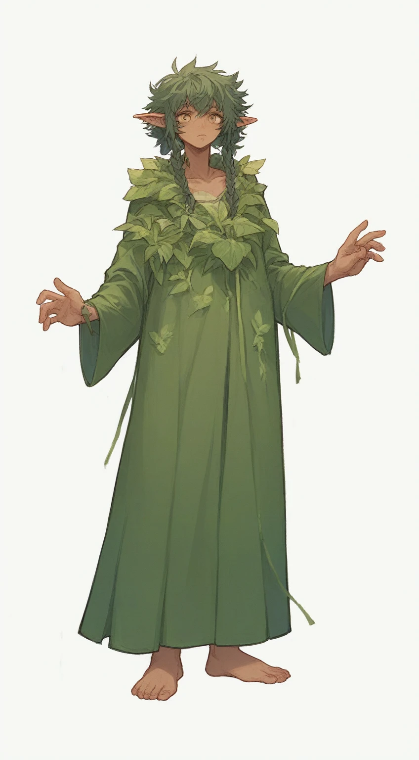 A humanoid being like a dryad with plants coming out of its skin, (black skin), sage, calm expression.