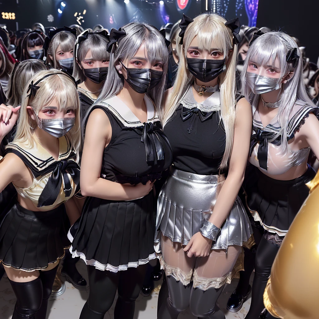 8K resolution, surreal, Super detailed, high quality, perfect anatomy, perfect proportion,
((((((A group photo of home party at midnight, women only, most crowded indoor festival at night club, 7 girls, group photo)))))),
(((((jirai fashion, sailor collar, sailor uniform with many frills, Lace, black pleated skirt, black micro skirt, bow ribbon))))),
(((satin clothes, black clothes))),
((grin, smile, happy)), ((((wearing black face mask)))),
((((bright bleached hair, silver hair, gold hair))))+, (((super large breasts))), posing,
(((shiny detailed oiled porcelain skin))),
(((black see-through tights))), looking at viewer, full body