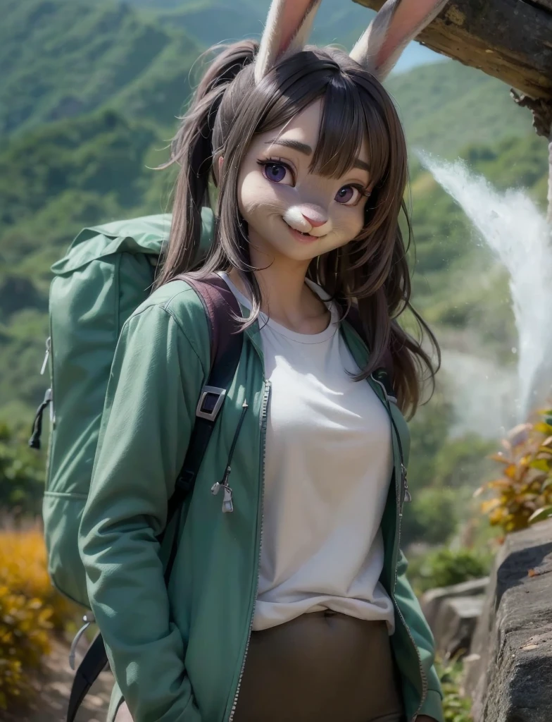 Highest quality,
masterpiece,
Ultra-realistic,
Super detailed,
Beautiful details,
4K,8K,upper,
pixar,
Photo realistic,
Medium Shot,
Background is ((Magnificent mountain)),
Realistic lighting,
hiking woman,
((Anthropomorphic rabbit)),
Detailed animals,
Complex patterns,
(Furry:1.35),
(All skin is grey:1.3),
(The body is fluffy and bushy:1.3),
Realistic fur,
Human hand,
(Judy Hopps face:1.35),
((ponytail hair)),
((side part bangs)), bangs,
((dark gray hair color)),
Purple eyes,
{Eye highlights, Clear eyes, Eyes sparkling, Large, round pupils},
Detailed Iris,
(Eyebrows raised:1.2),
(Crescent eyebrows:1.3),
(Bunny ears:1.3),
Smiling happily,
raised corners of mouth,
The woman is wearing T-shirt over the check shirt and shorts,
((White T-shirt)) BREAK ((gingham check shirt)) BREAK ((wine red Trekking Shorts)),
carry a backpack, rucksack,
(alone:1.5),
(1 Female:1.5),
Only 1 character,
Perfect Anatomy,
Lighting forward,
Lighting front,
sunlight,
Intricate details,
Ray Tracing,
Realistic,