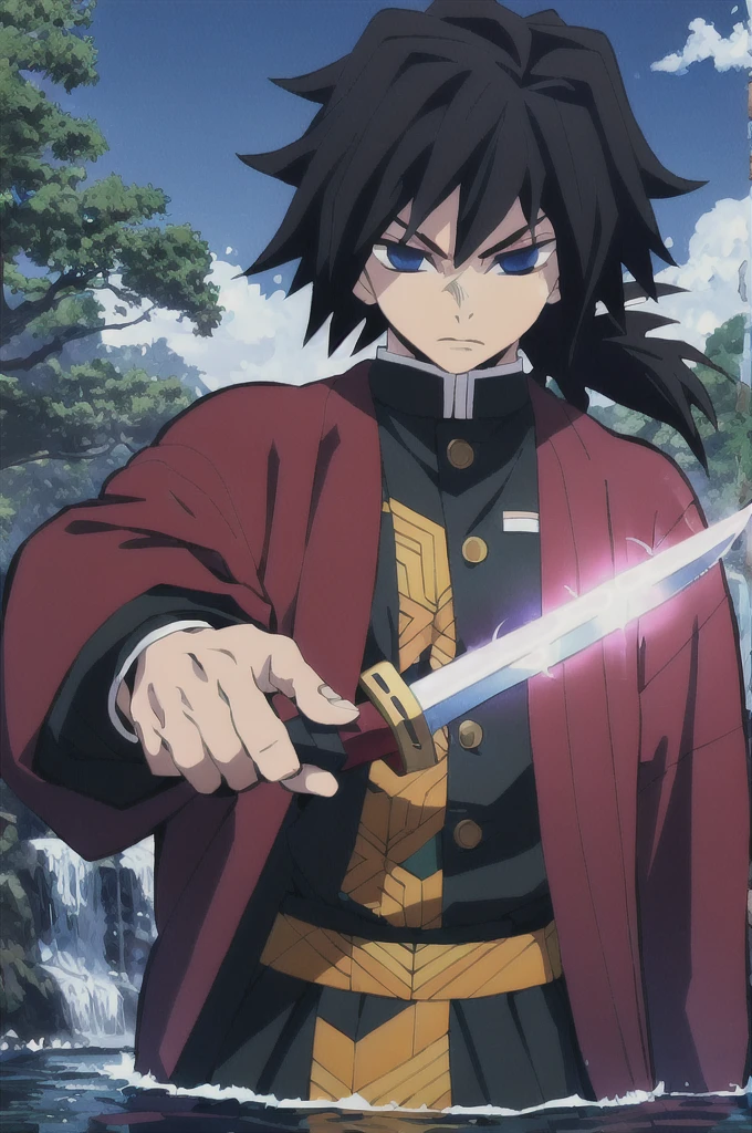 Yoshiyu Tomioka, Demon slayer, One boy, alone, Upper Body, water, Blue aura, flowing water, knife, sword, holding knife, Combat Stance, View your viewers, Long Hair, blue eyes, Black Hair, Are standing, Jacket, Male Focus, kimono, black Jacket, Demon slayer uniform, 