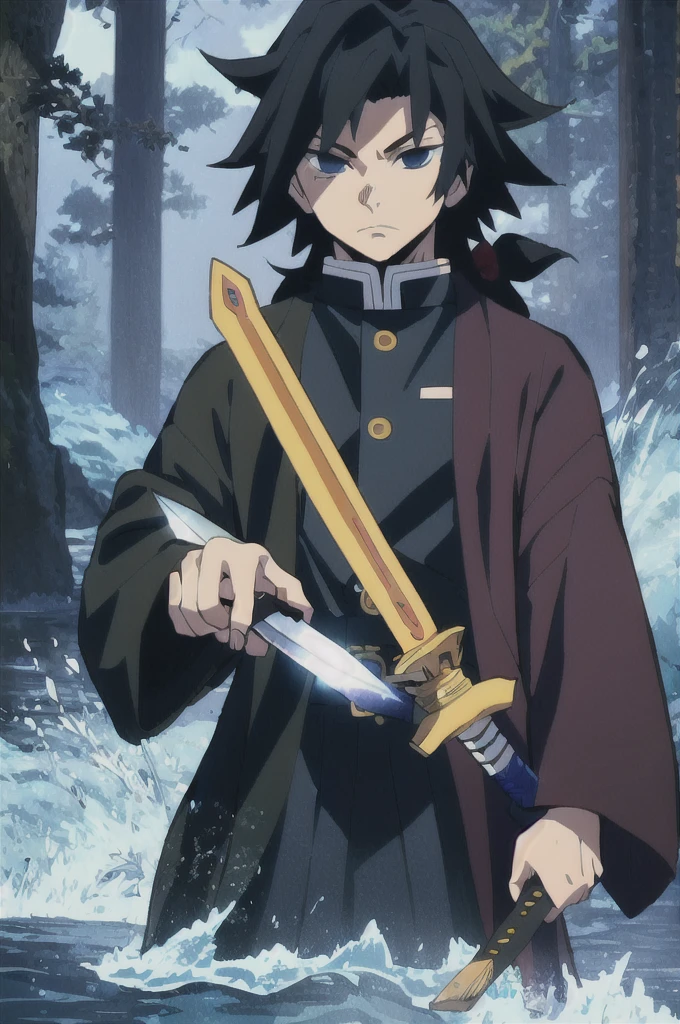 Yoshiyu Tomioka, Demon slayer, One boy, alone, Upper Body, water, Blue aura, flowing water, knife, sword, holding knife, Combat Stance, View your viewers, Long Hair, blue eyes, Black Hair, Are standing, Jacket, Male Focus, kimono, black Jacket, Demon slayer uniform,