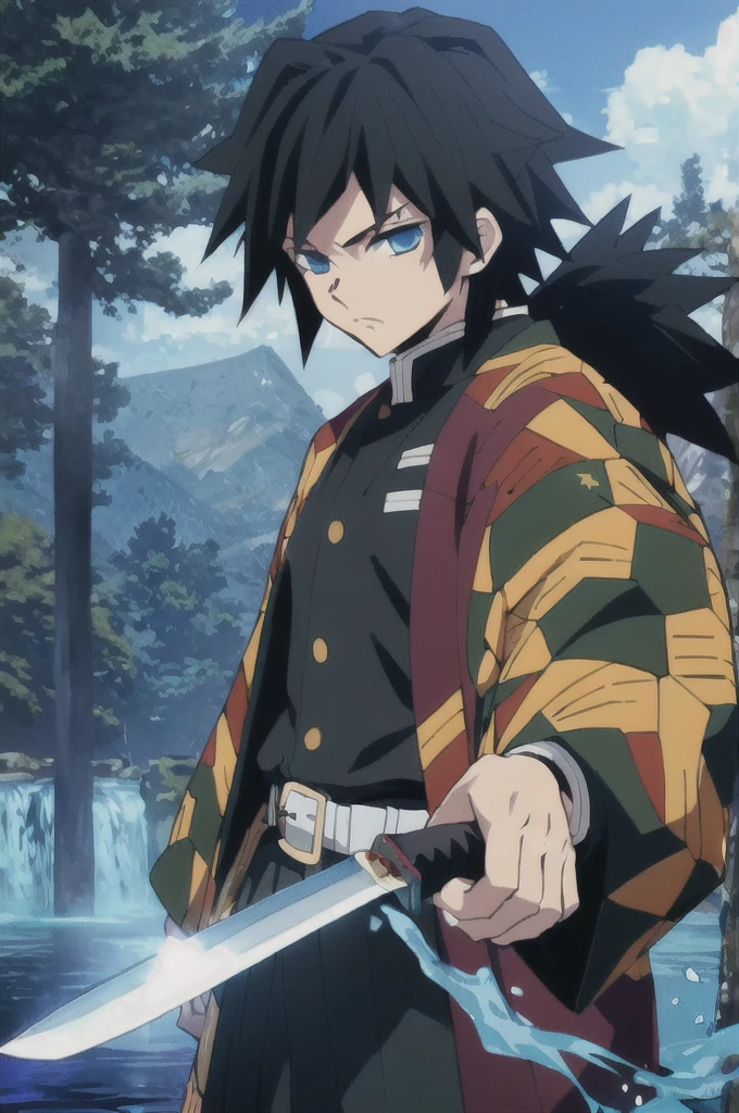 Yoshiyu Tomioka, Demon slayer, One boy, alone, Upper Body, water, Blue aura, flowing water, knife, sword, holding knife, Combat Stance, View your viewers, Long Hair, blue eyes, Black Hair, Are standing, Jacket, Male Focus, kimono, black Jacket, Demon slayer uniform, 