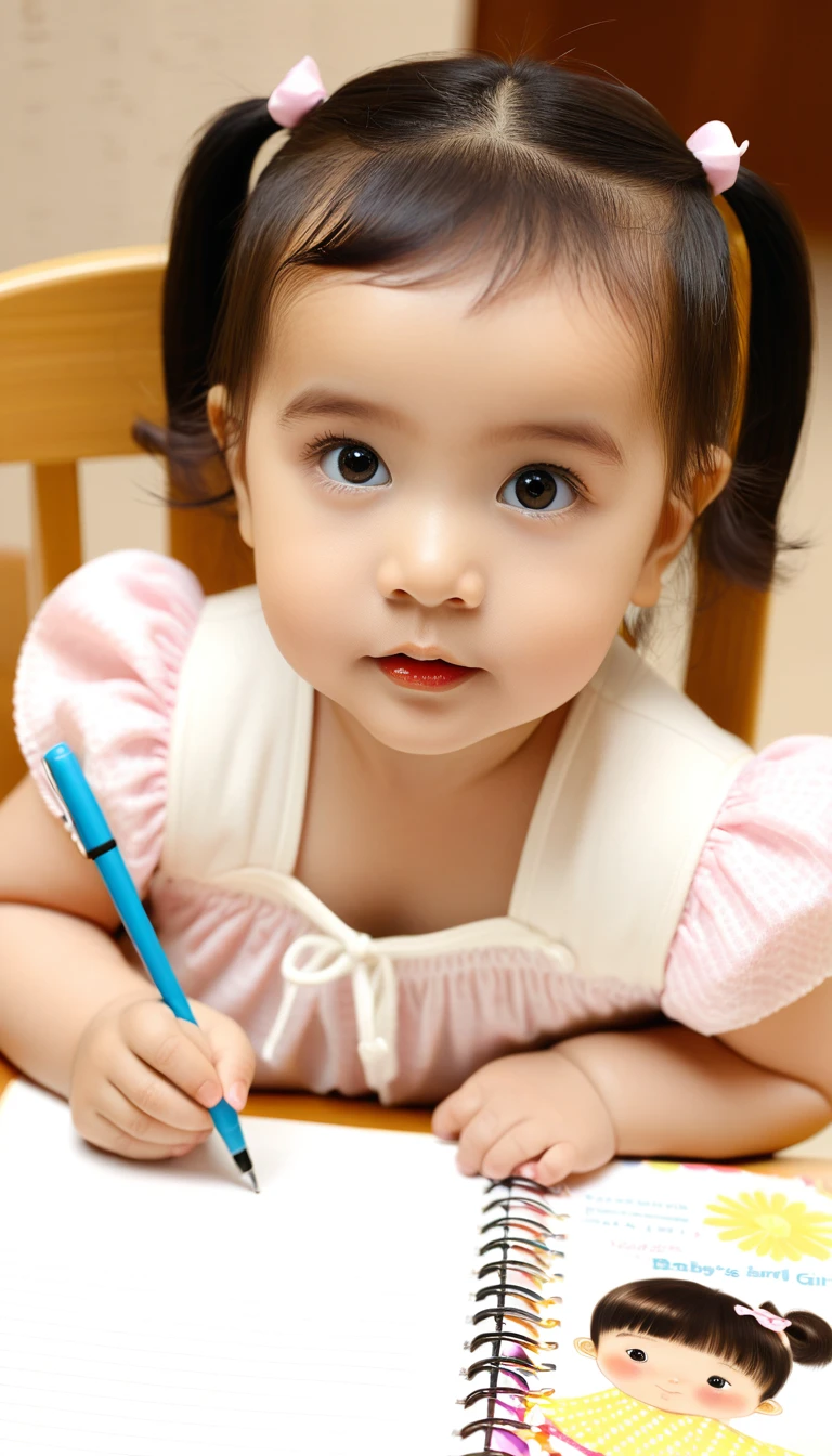 Make a baby girl, , face is looking camera, she is leaning, table, book, pen, notebook, Supper Detail, 32K, ultra, high quality, masterpiece