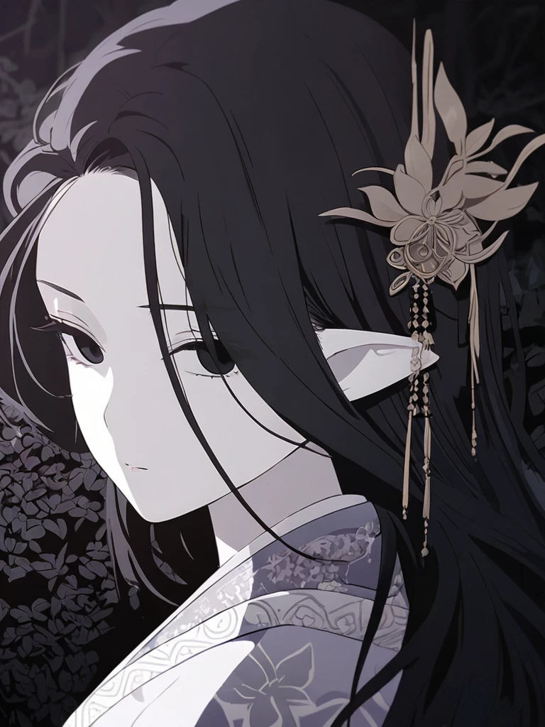 1 gloomy adult woman, darkness, elven, black hair, cover face hairstyle, black eyes, night garden, elegant, traditional thai costume,