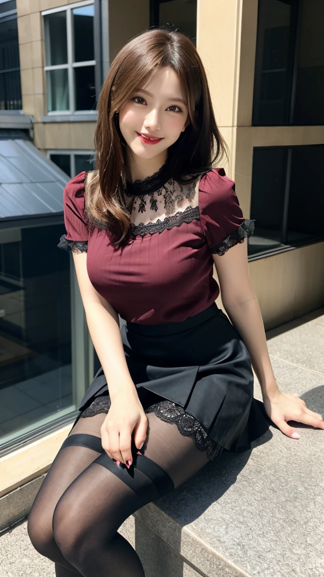 highest quality, masterpiece, 8K, ultra high resolution, (realistic: 1.4), 1 girl, beautiful face, symmetrical eyes, Japanese, smile, brown hair, perfect body proportions, full body, smile , large breasts, high heels, wearing makeup , pantyhose, (tight laced fabric blouse), ((red lace fabric blouse)), ((silk black color skirt)), ((tight fitting skirt )), (laced short sleeve) , rooftop, model pose , (legs shown: 1.4)