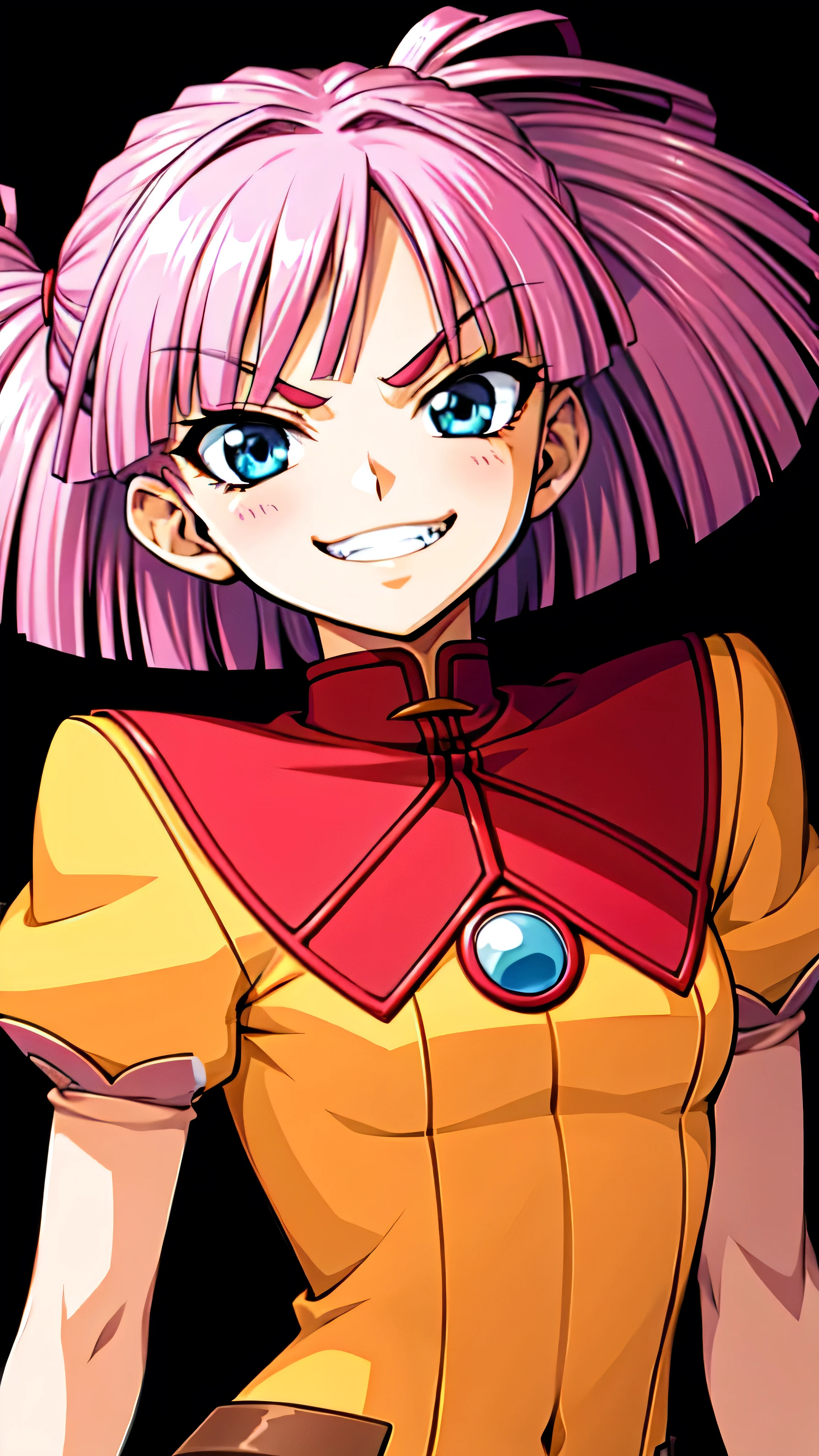 (best_quality 4K, 8K, High resolution, Masterpiece: 1.2), ultra detailed),from_below,(anime_screencap),(1girl,solo),dynamic_angle,too evil_smile,too evil laugh at,tis,deep shaded_face,too sadistic smile,smile worst,,bob short hair,,,looking at viewer,upper body,black background,too worst smile,too bad smile,too evil smirk,,too sadistic smirk,