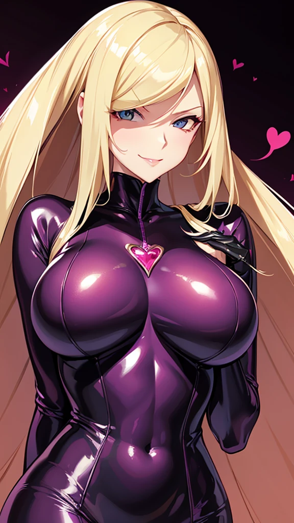 Erotic　Lusamine, tall, busty, blonde, mature, married woman, female executive in shiny purple rubber suit, red, black background, heart, bedroom, dark theme, evil, temptation, excitement, condescending smile, sexy pose, upper body emphasis, lying on man, angle from below, bat wings